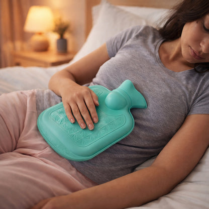 Reusable hot water heating bag by Wukusy, 18x11 cm, with soft fabric cover and secure zipper for soothing warmth.