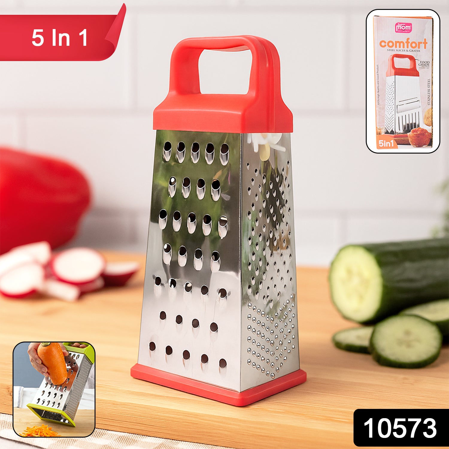 Wukusy Supermom 5-in-1 stainless steel grater and slicer for versatile kitchen prep, with multiple blades for grating and slicing tasks.