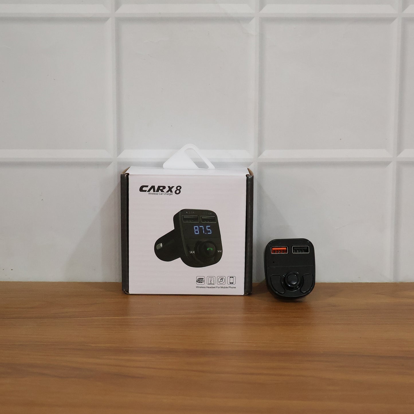 Wireless car charger by Wukusy with dual USB fast charging ports, mounted in a vehicle dashboard with a connected smartphone.