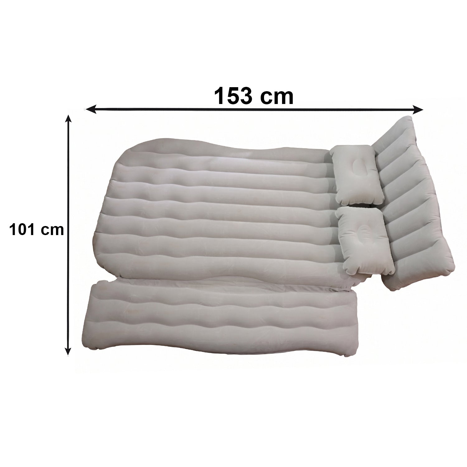 Wukusy portable car air mattress bed set with two pillows and air pump, shown inflated in a vehicle interior.
