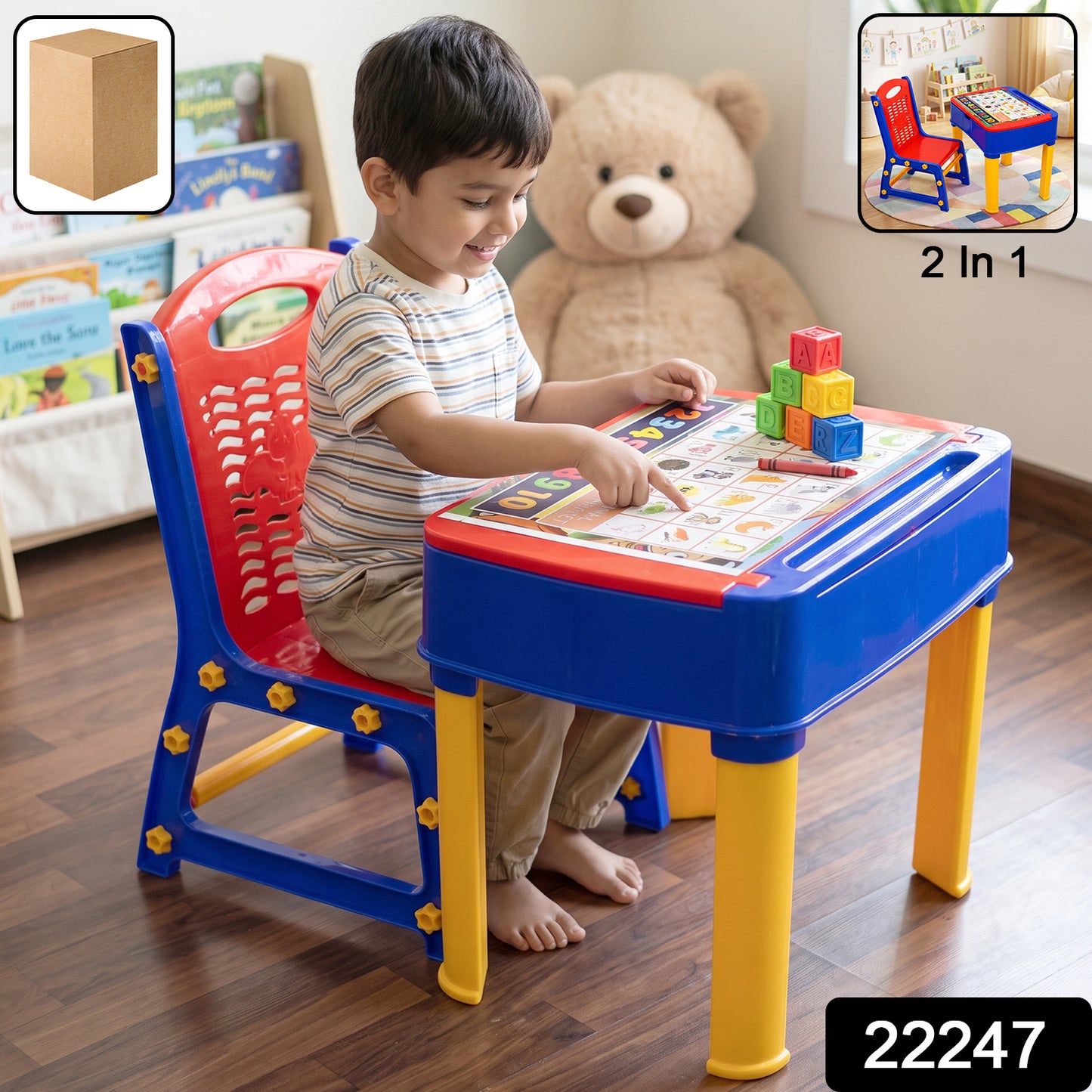 Wukusy 2-in-1 plastic kids study table and chair set with learning board, featuring colorful design and sturdy construction.