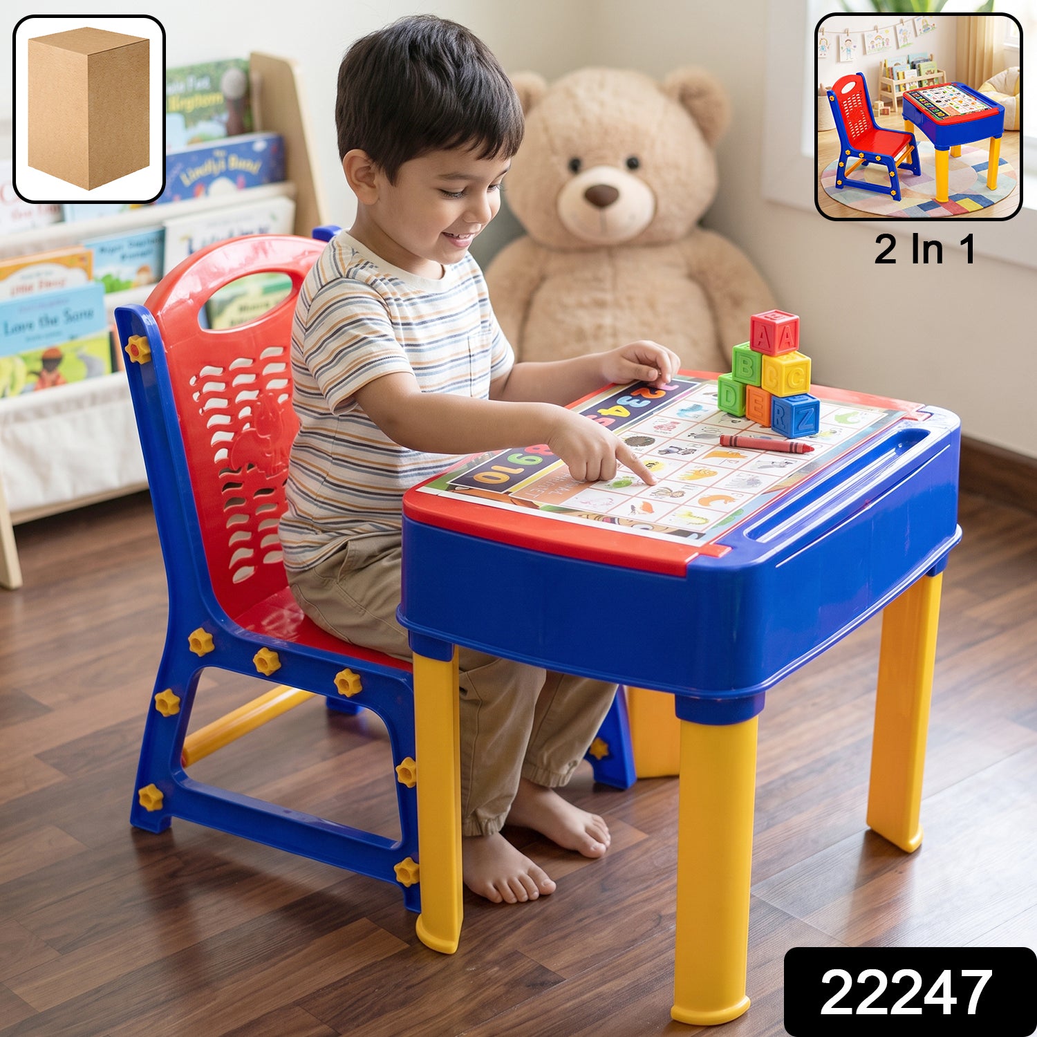 Wukusy 2-in-1 plastic kids study table and chair set with learning board, featuring colorful design and sturdy construction.