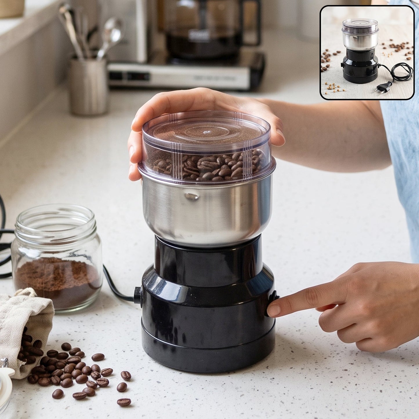 Wukusy electric coffee grinder with stainless steel blades, compact spice grinder machine for fresh ground coffee and spices.