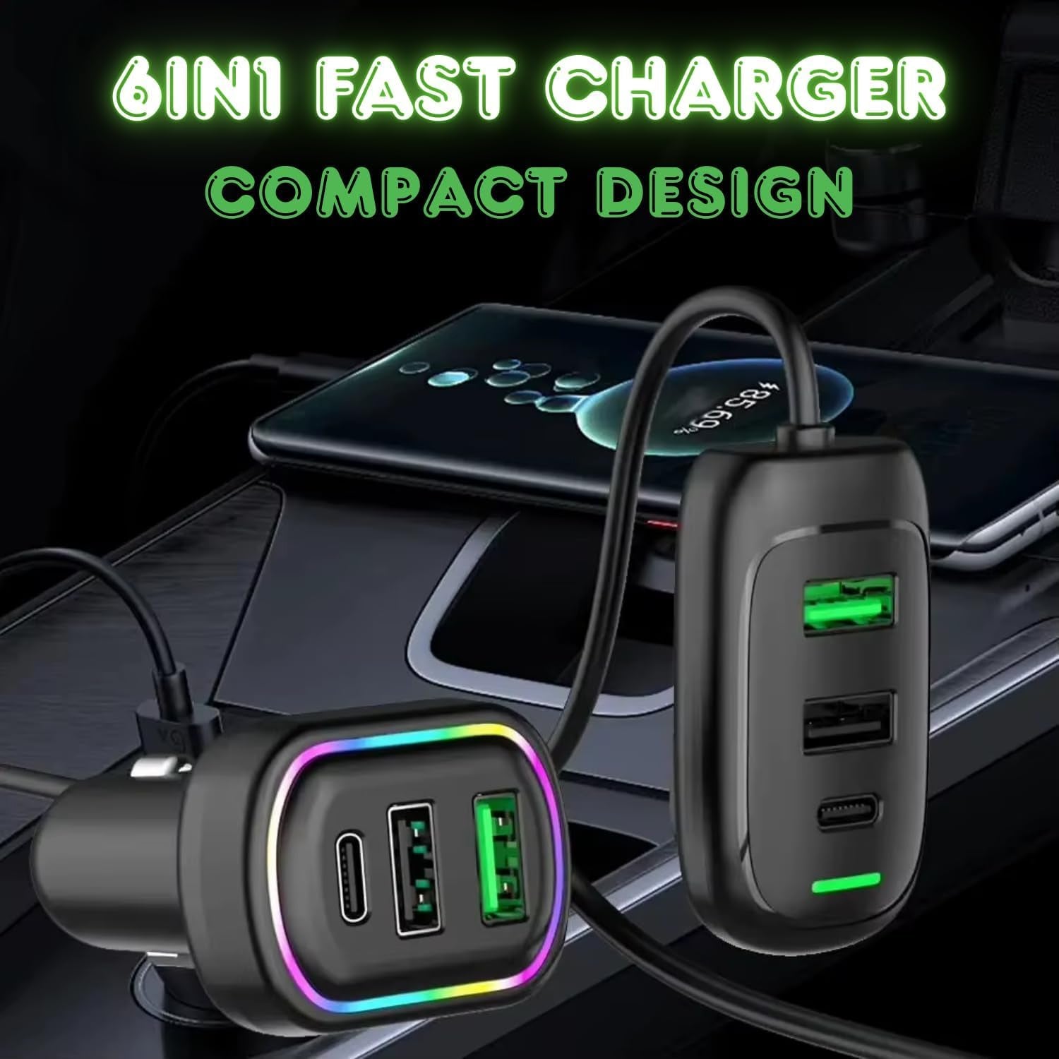 Wukusy RGB breathing light multi-port car USB charger with 1.5m cable, featuring colorful LED lighting and multiple charging ports.