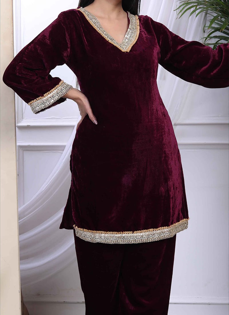 Wine velvet embroidered Indo-Western co-ord set with festive embroidery, featuring intricate details and elegant fabric.