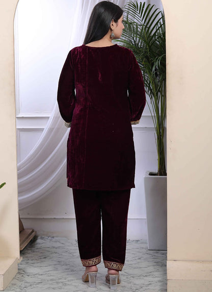 Wine velvet embroidered Indo-Western co-ord set by Drpshippr featuring intricate embroidery and festive festive wear style.