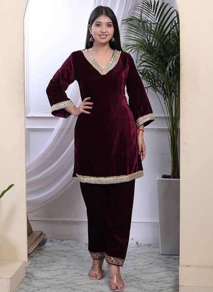 Wine velvet embroidered Indo-Western co-ord set by Drpshippr featuring intricate embroidery and festive style.