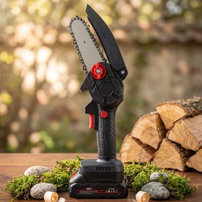 Wukusy mini electric cordless chainsaw with 48V battery, showing the compact saw and battery pack for wood cutting.