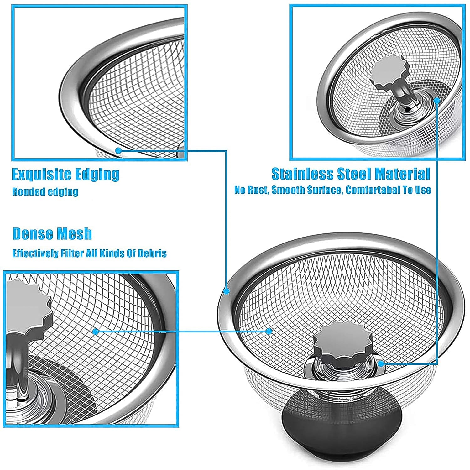 Wukusy stainless steel kitchen sink strainer basket for trapping debris and preventing clogs in kitchen sinks.