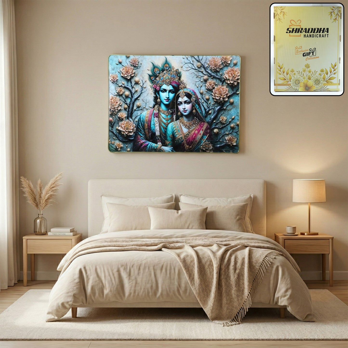 Decorative Radha Krishna wall frame by Wukusy, 60x45 cm, featuring intricate artwork suitable for home decor.