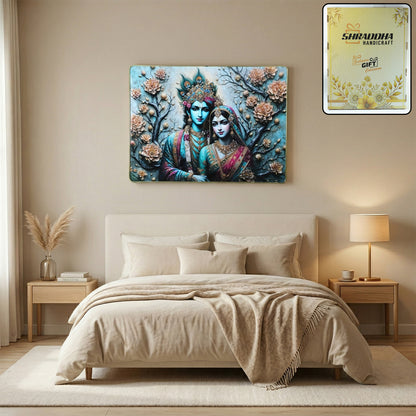 Decorative Radha Krishna wall frame by Wukusy, 60x45 cm, featuring intricate artwork suitable for home decor.