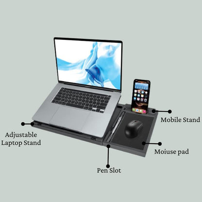 Wukusy portable foldable laptop stand for MacBook, notebook, or tablet with tray and included phone stand on a desk.