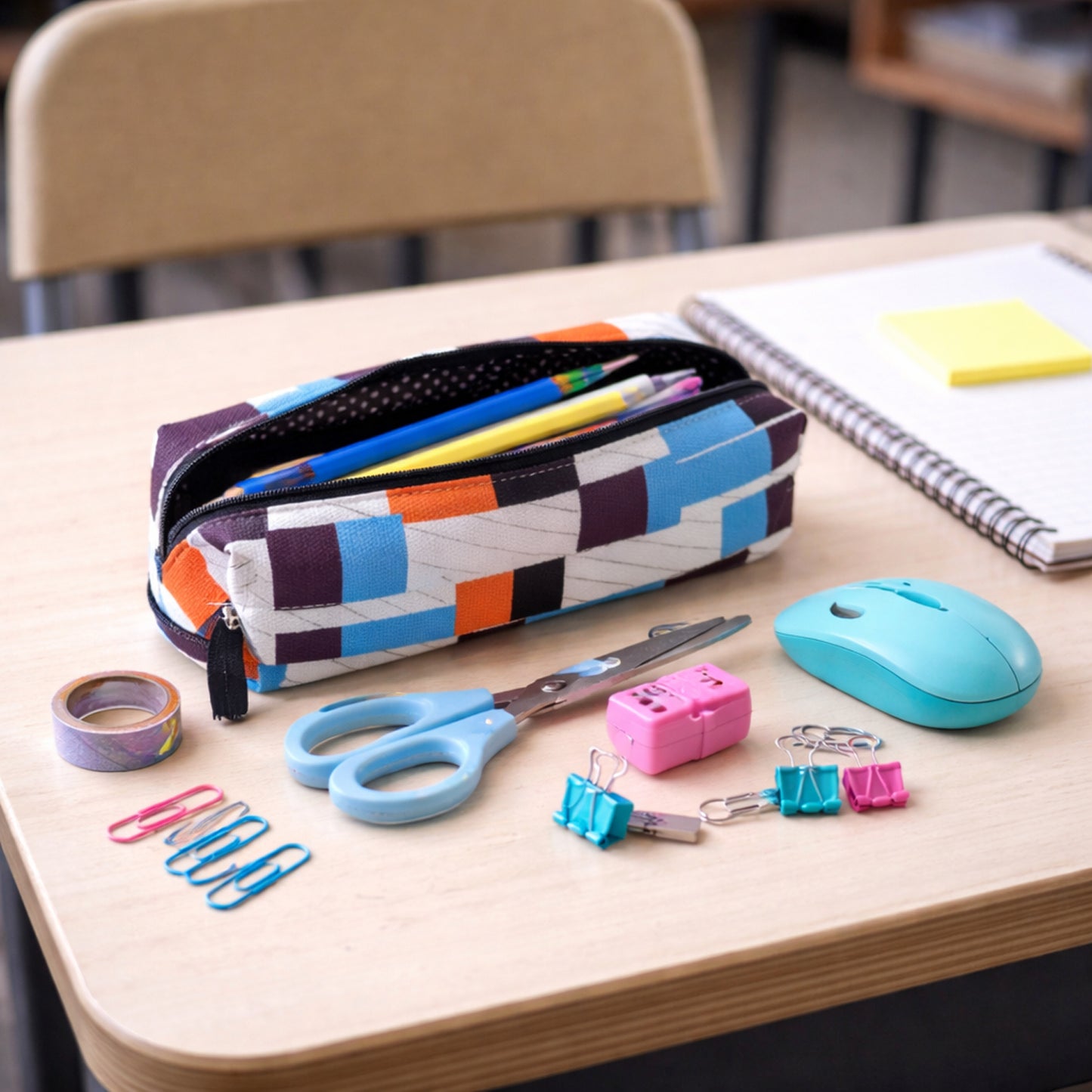 Wukusy printed zipper pencil pouch organizer for students with multiple compartments and colorful design, ideal for school supplies.