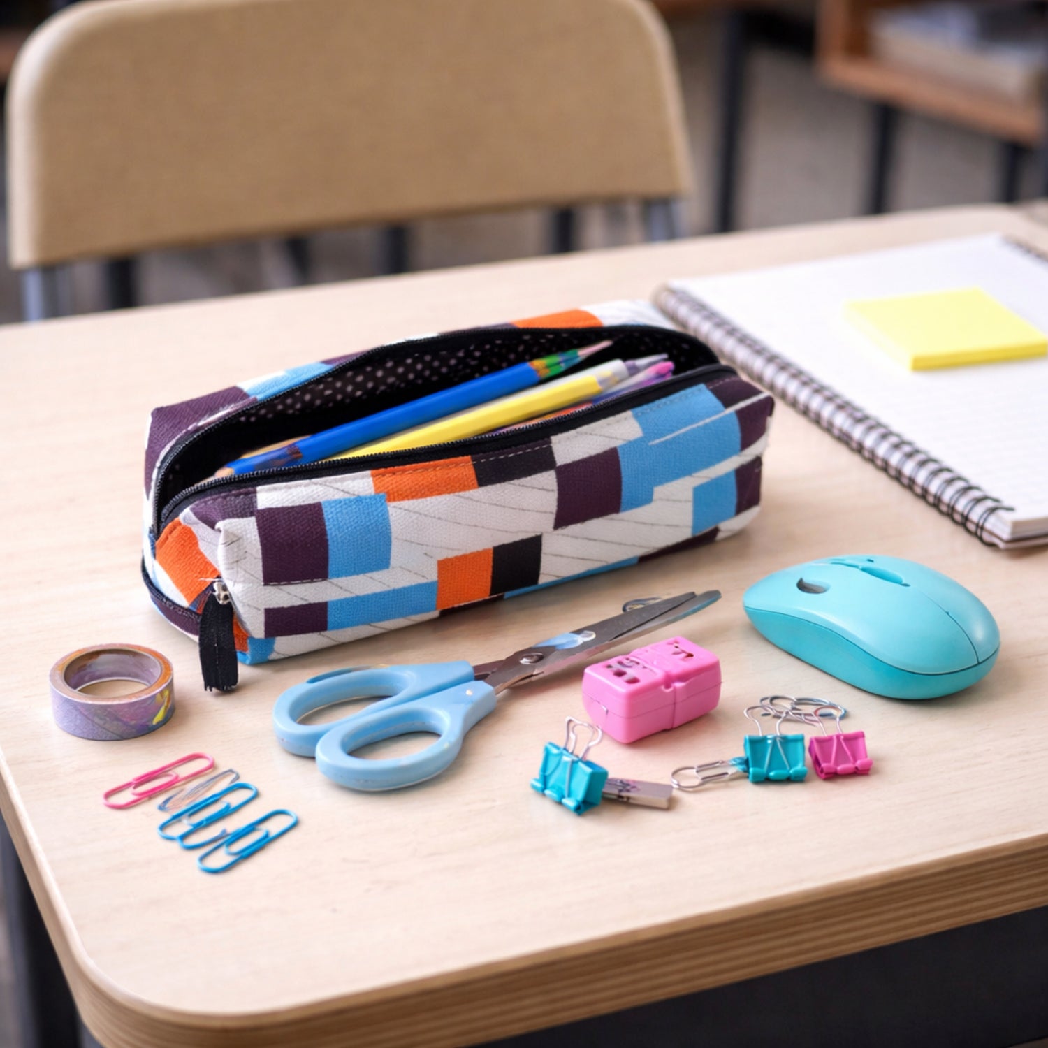 Wukusy printed zipper pencil pouch organizer for students with multiple compartments and colorful design, ideal for school supplies.