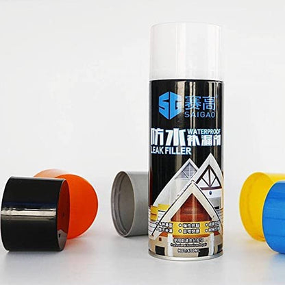 Wukusy Waterproof Leak Filler Spray Rubber Flexx Sealant in black, 450ml, showing spray nozzle and product label for sealing cracks and leaks.