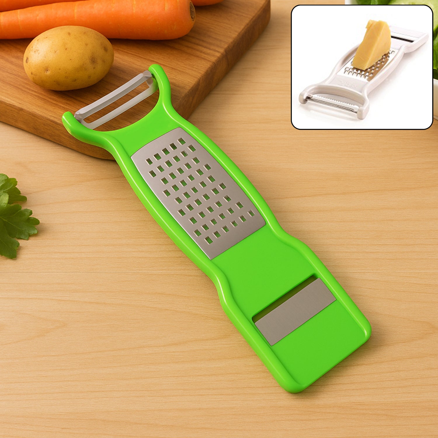 Wukusy Supermom 3-in-1 stainless steel vegetable and fruit peeler with ergonomic handle for versatile kitchen prep.