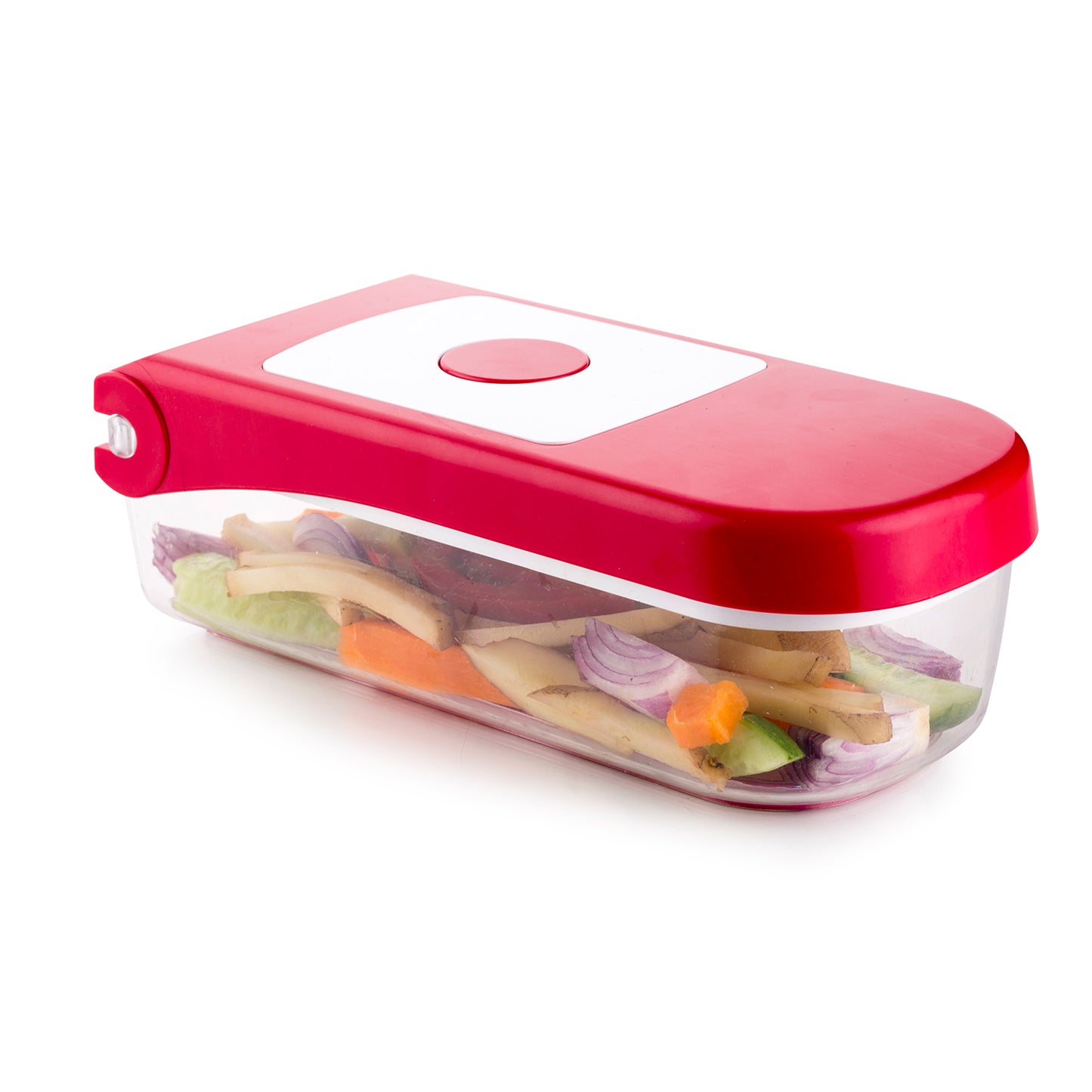 Red Wukusy 8102 Ganesh plastic chopper for vegetables and fruits, featuring a compact design and sturdy blade for easy cutting.