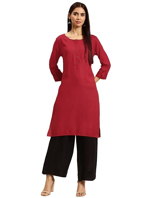 Maroon women’s rayon straight kurti from FIZZI SHOP, showcasing a classic, elegant design with a comfortable fit and subtle detailing.