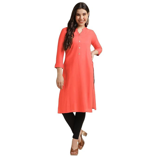 Peach-colored women's rayon straight kurti by FIZZI SHOP with a classic, elegant design and subtle detailing.