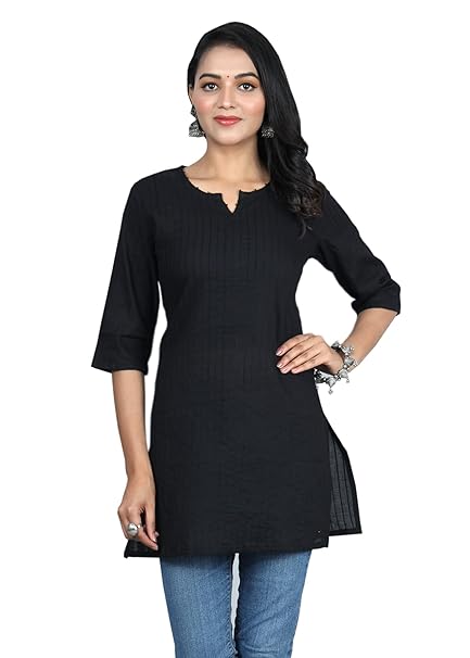 Black women’s cotton V-neck short kurti by FIZZI SHOP, featuring a comfortable fit and traditional design.