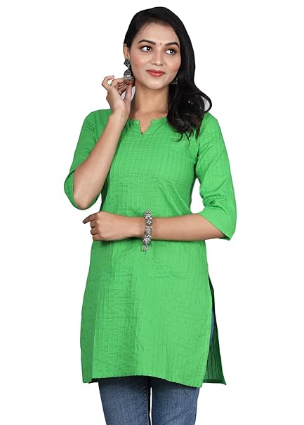 Green women's cotton V-neck short kurti with a simple, comfortable design, perfect for casual wear from FIZZI SHOP.