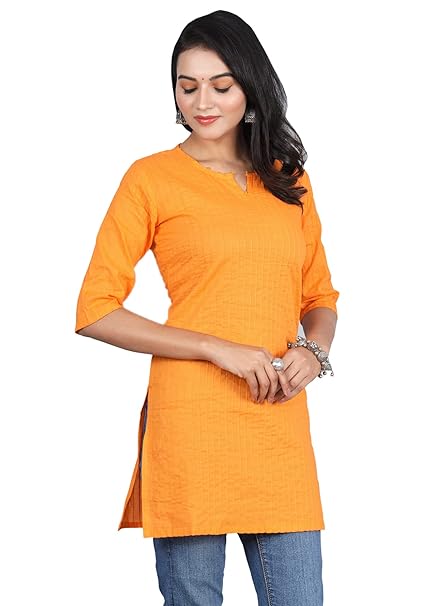 Orange women's cotton V-neck short kurti, stylish and comfortable, featuring a classic design from FIZZI SHOP.