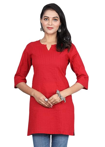 Red women's cotton V-neck short kurti with short sleeves, casual Indian kurta by FIZZI SHOP, displayed on a plain background