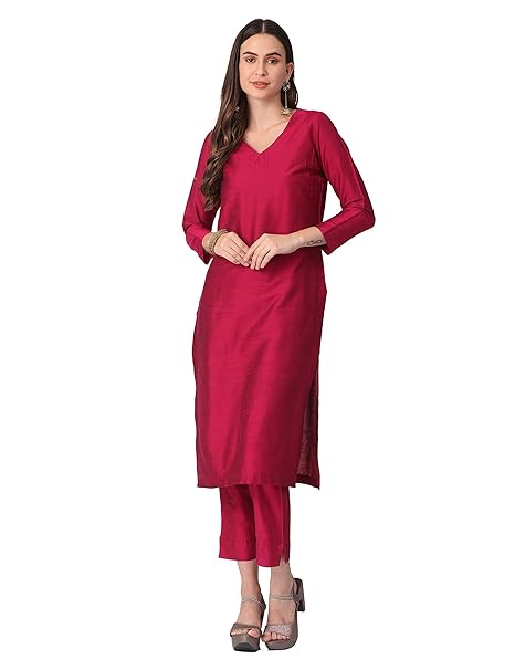 Pink women's cotton blend kurta set with matching pants, featuring a comfortable, traditional design perfect for casual wear.