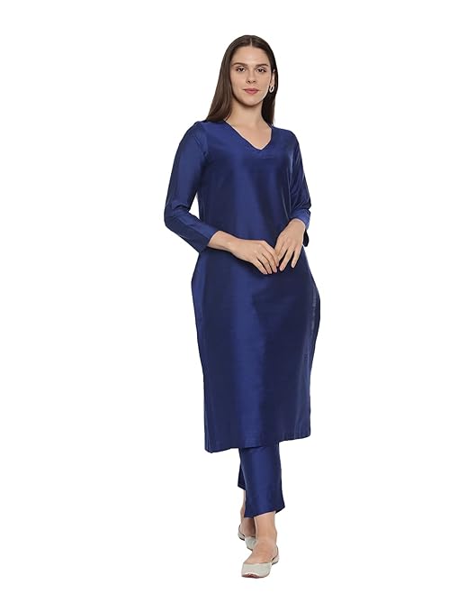 Blue women's cotton blend kurta set with matching pants, comfortable and stylish traditional Indian attire by FIZZI SHOP.