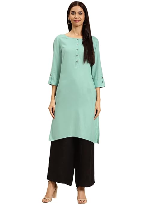 Blue women's rayon kurti with straight fit design from FIZZI SHOP, featuring a comfortable and stylish traditional Indian kurta.