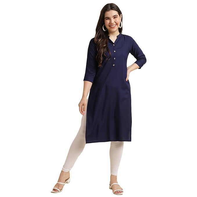 Navy women’s rayon straight kurti with stylish design, perfect for casual or festive wear, from FIZZI SHOP.