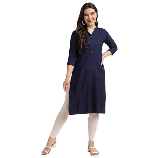 Navy women’s rayon straight kurti with stylish design, perfect for casual or festive wear, from FIZZI SHOP.