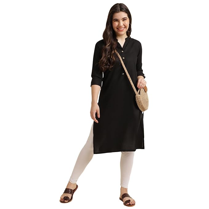 Black rayon kurti for women featuring a straight fit, stylish design from FIZZI SHOP.