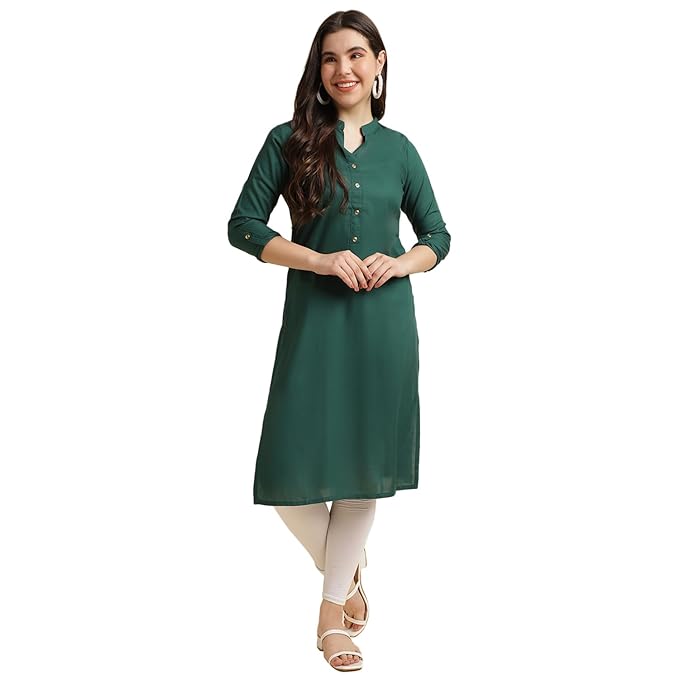 Green rayon straight kurti for women by FIZZI SHOP, showcasing elegant traditional Indian kurta with detailed neckline and sleeves.