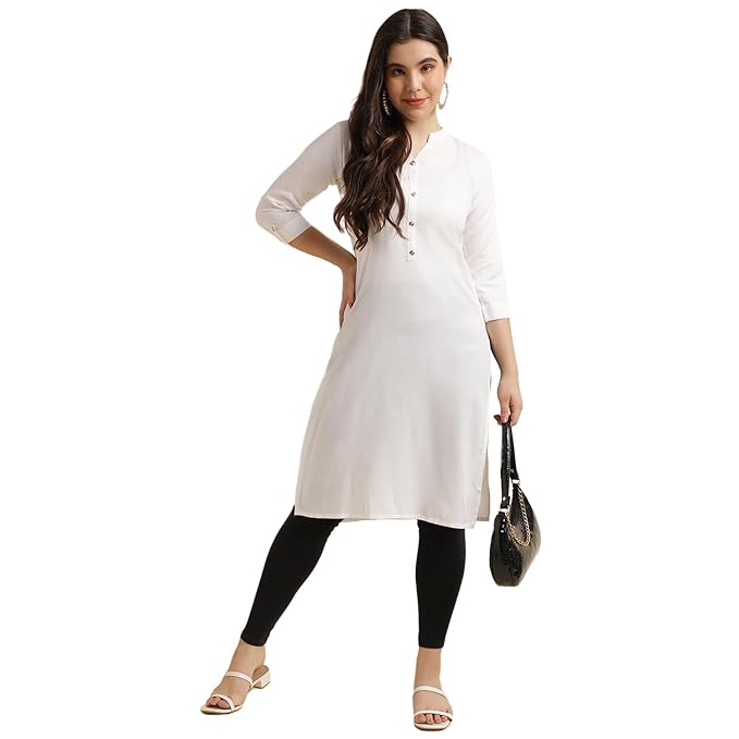 Elegant white women's rayon straight kurti with simple design, showcasing a comfortable and stylish traditional Indian attire.