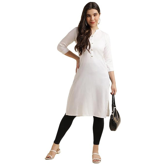 Elegant white women's rayon straight kurti with simple design, showcasing a comfortable and stylish traditional Indian attire.