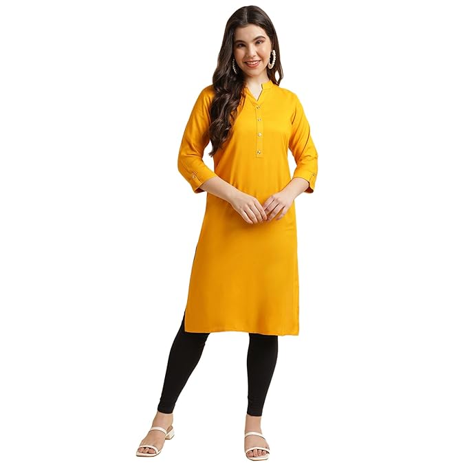 Yellow women's rayon straight kurti with a simple design, perfect for casual or festive wear, by FIZZI SHOP.