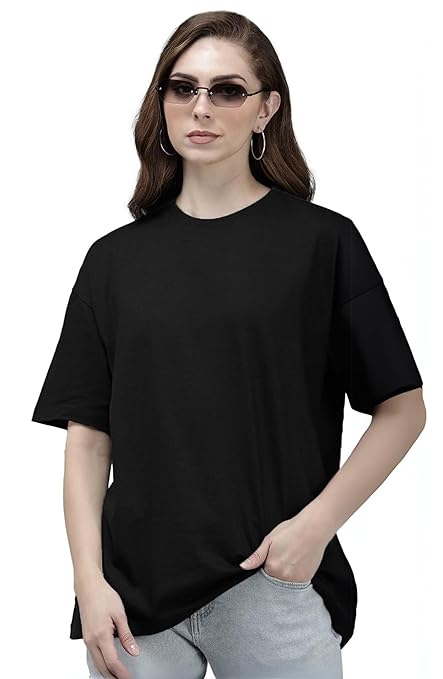 Women’s black oversized half-sleeve T-shirt by Seasons, casual fit with relaxed style, shown on a model.