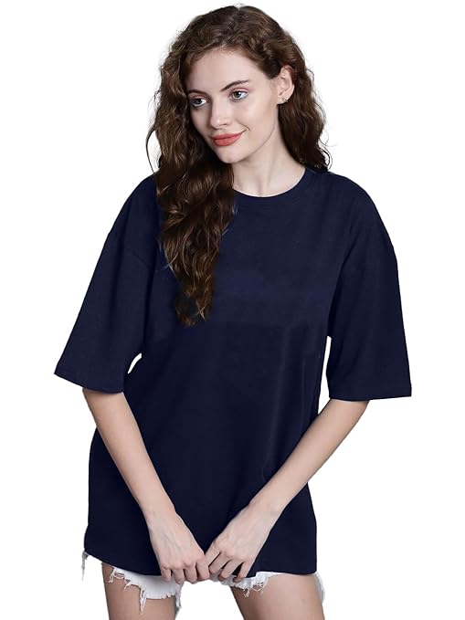 Women’s oversized navy half-sleeve T-shirt by Seasons, casual style with relaxed fit and soft fabric, front view.