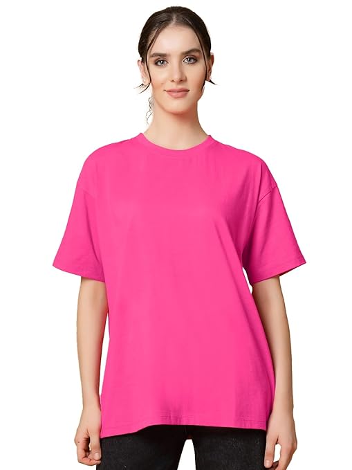 Pink oversized women's T-shirt from Seasons with half sleeves, casual style, laid flat showing front view.