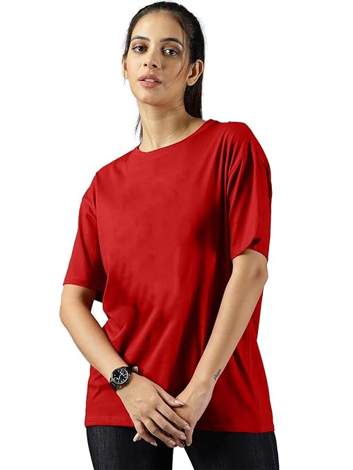 Red women's oversized half sleeve T-shirt by Seasons, casual fit with relaxed style, displayed on a plain background.
