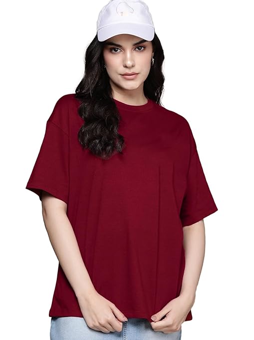 Maroon women's oversized half sleeve T-shirt from Seasons, casual fit with relaxed style, shown on model.