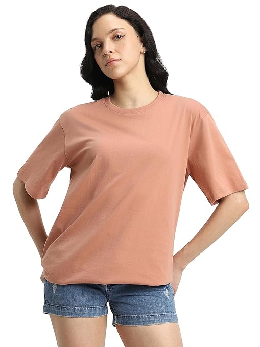 Beige pure cotton women's half sleeve T-shirt by Seasons, casual and comfortable for everyday wear.