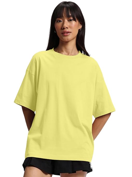 Pure cotton women's lime green half-sleeve T-shirt by Seasons, casual and comfortable, displayed on a plain background.
