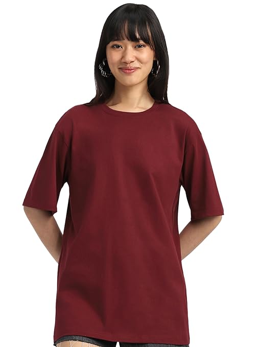 Maroon pure cotton women's half sleeve T-shirt from Seasons with a comfortable fit and casual style.