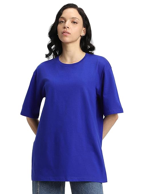 Pure cotton women's royal blue half sleeve T-shirt by Seasons, showing the comfortable, casual fit and soft fabric.