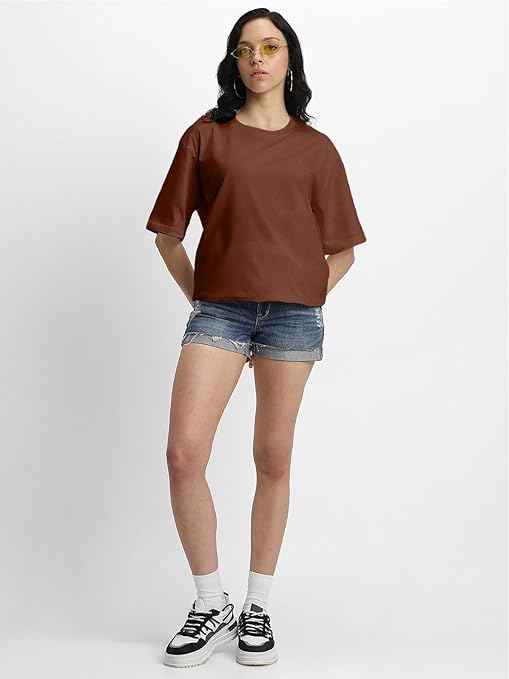Pure cotton women's brown half sleeve T-shirt by Seasons, showcasing a comfortable, casual fit and soft fabric.