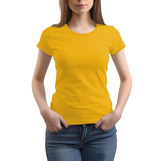 Women’s mustard yellow T-shirt by Seasons, plain regular fit T-shirt, soft fabric and casual style shown in the image.