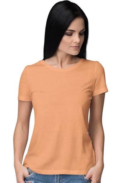 Women’s plain peach T-shirt by Seasons, regular fit, made of soft fabric, shown laid flat with short sleeves and round neckline.