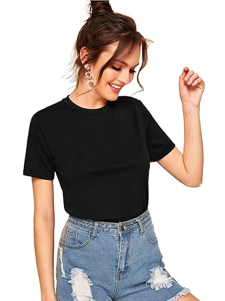 Black cotton T-shirt for women by Seasons, plain design, soft fabric, short sleeves, casual style, front view.